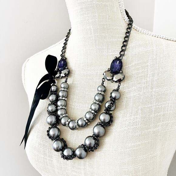 Talbots Chunky Faux Silver Pearl & Chain Purple Stone Statement Necklace - Picture 4 of 8